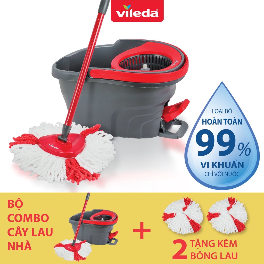 Cây lau nhà VILEDA Turbo Easy Wring&amp;Clean đầu lau tam giác, xô giặt quay bằng chân, thêm 2 bông lau - TSU162657