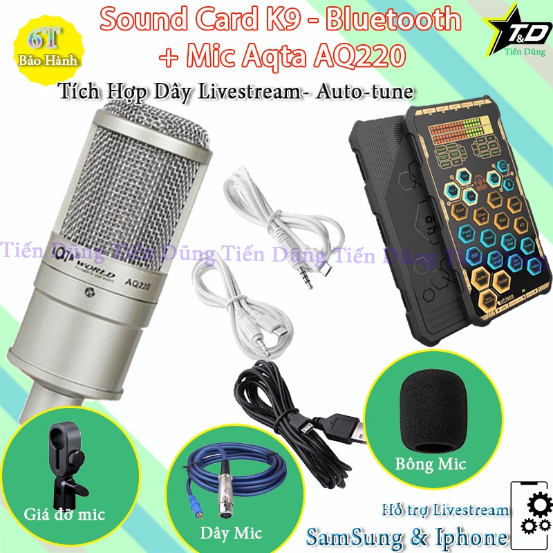 Mic thu âm Aqta AQ220 và Sound Card K9 Autotune Tích Hợp Đèn Led  - Trọn Bộ Mic Livestream đã Có Thể Ghi Âm và Karaoke
