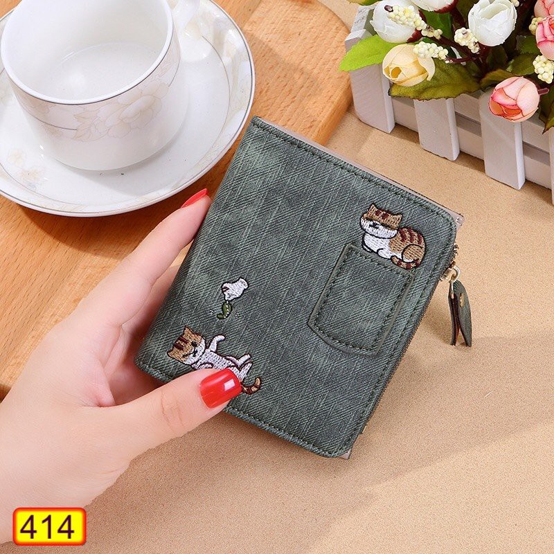 Ví Ngắn Nữ Mini Cầm Tay Cao Cấp Thêu 2 Chú Mèo Dễ Thương