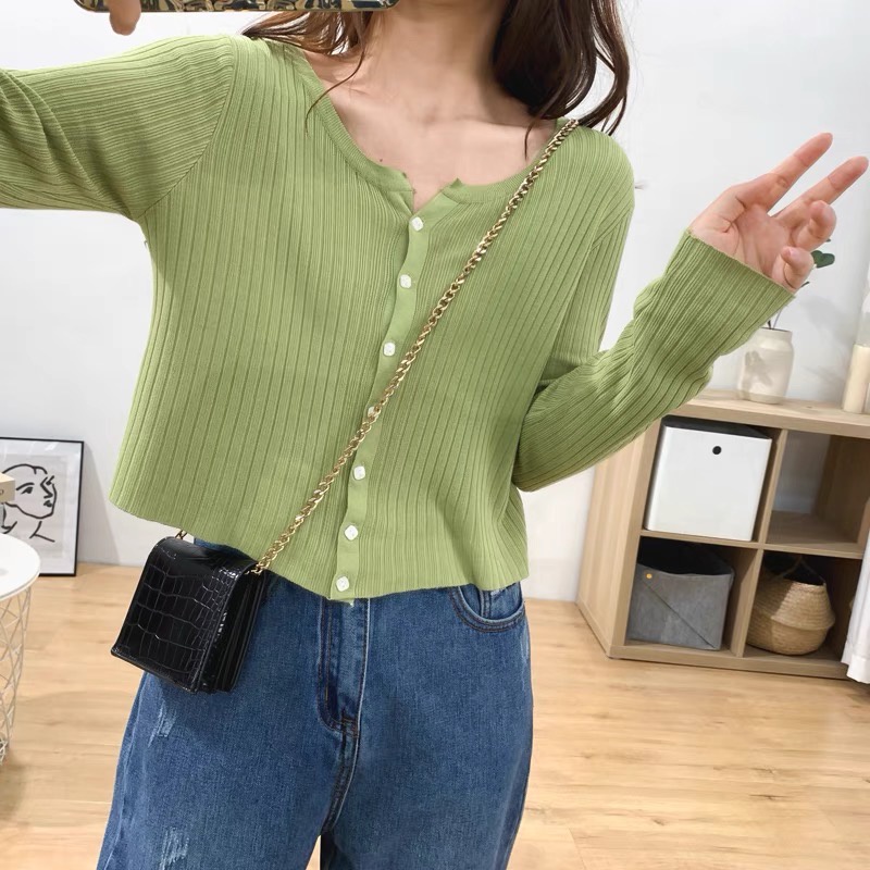 Áo cardigan khoác len nữ kiểu tay dài cổ V dệt kim len đũa xinh xắn phong Ccách Ulzzang Hàn Quốc trẻ trung