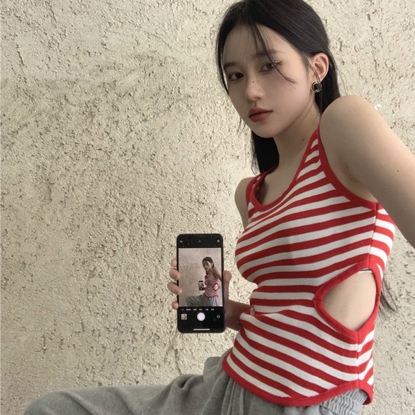 Áo ZHELIHANGFEI dệt kim không tay họa tiết kẻ sọc cho nữ