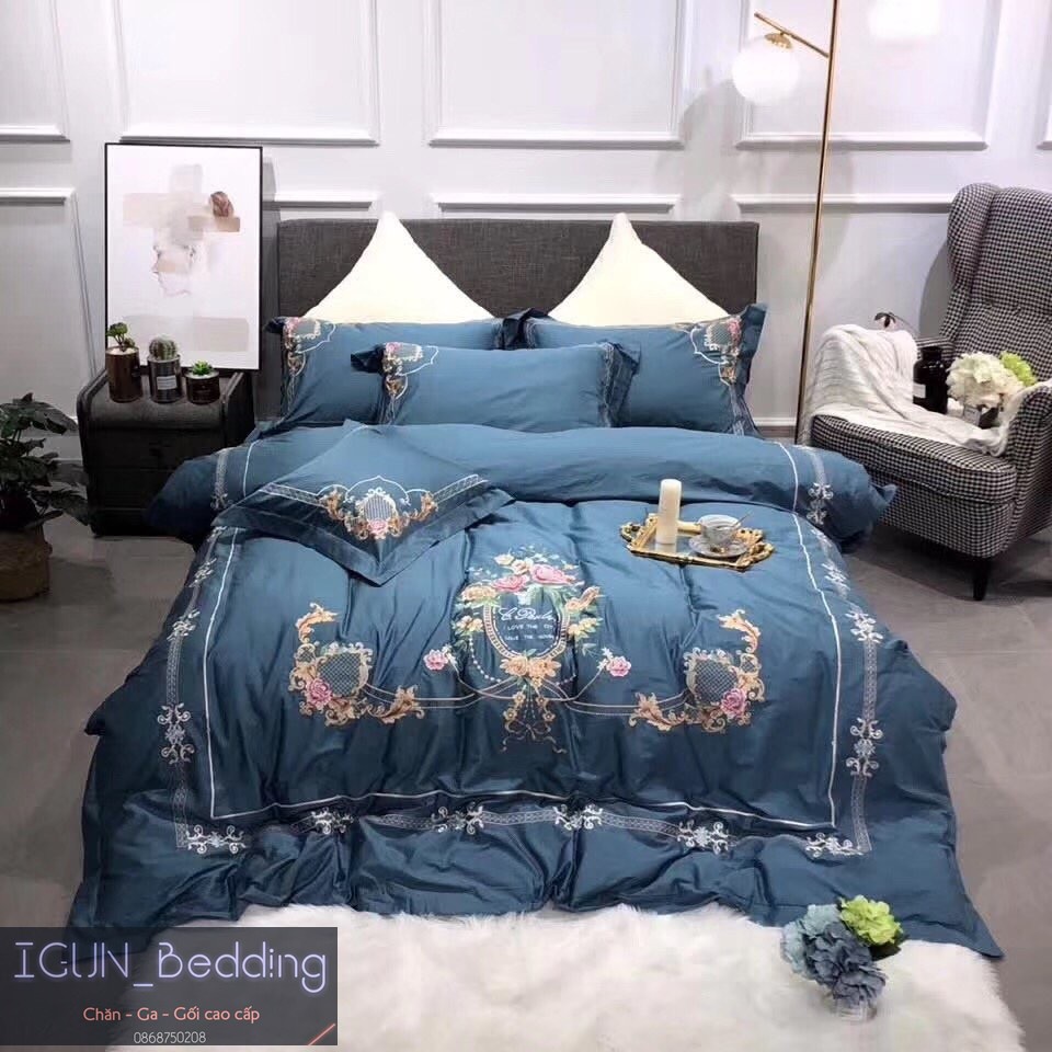 set LỤA CHÂU ÂU XANH bộ Chăn Ga Gối cưới Lụa thêu cao cấp