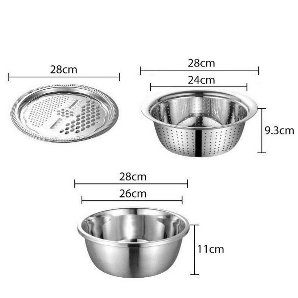 Bộ 3 Rổ Inox Kèm Nạo Rau Củ Đa Năng Tiện Lợi