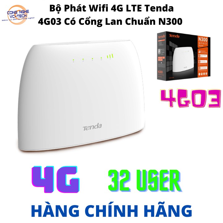 Bộ Phát Wifi 4G LTE Tenda 4G03 Có Cổng Lan Chuẩn N300 - Hàng Chính Hãng