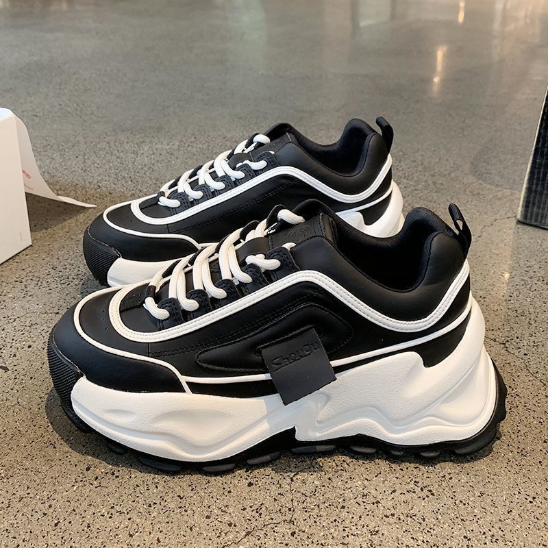 Giày sneaker IELGY cổ thấp đế dày màu khối bằng da kiểu Hàn Quốc cho nữ