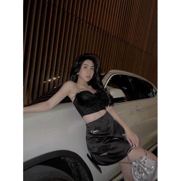 SET ÁO 2 DÂY LÔNG VŨ + CHÂN VÁY KẾT NƠ ĐÁ