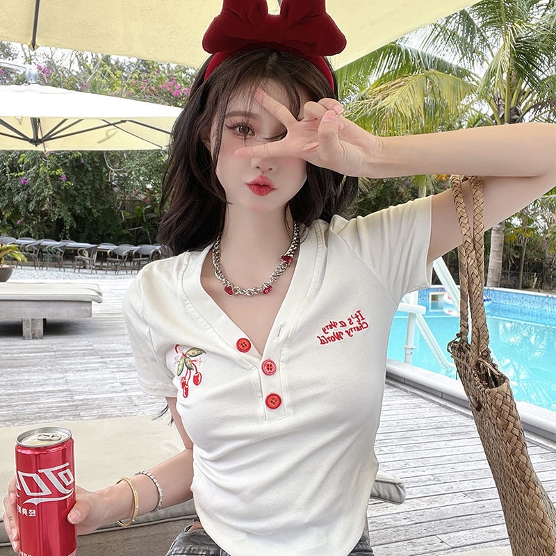 COZOK Áo Thun Tay Ngắn Dáng Ôm Thêu Hình Quả Cherry Dễ Thương