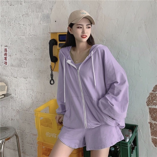 Set bộ thể thao 3 món áo khoác hoodie kèm áo 2 dây và quần sooc ống rộng