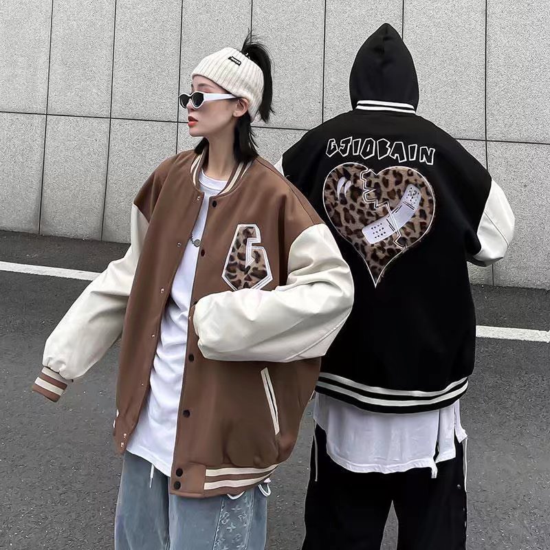 Áo Jaket Kaki Đôi Hình Tim, Áo Khoác Unisex Nam Nữ Bóng Chày Form Rộng 2 Màu