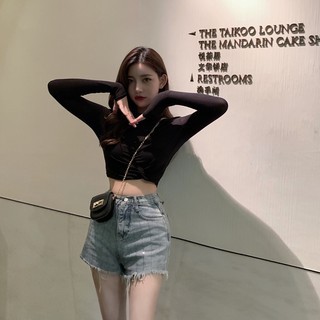 Áo thun mỏng bó Áo trắng dài tay, Áo hở eo Áo croptop MONSTER-STYLE