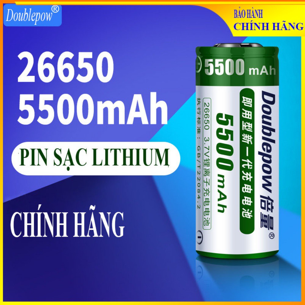 Pin Cell 26650 sạc lại chính hãng Doublepow công suất cao, sử dụng cho đèn siêu sáng, chế ắc quy