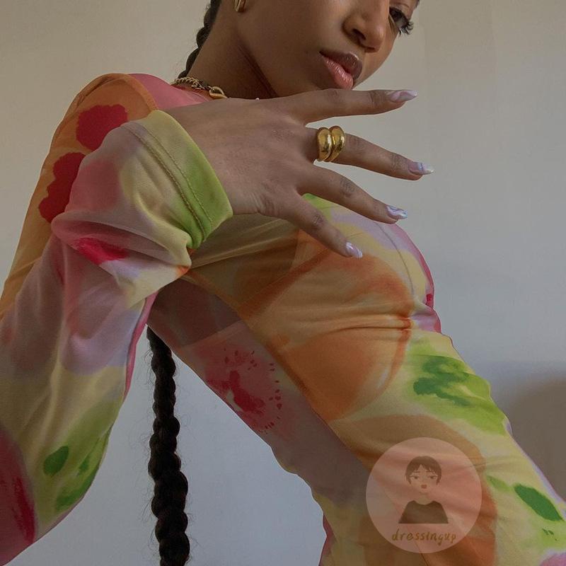 Đầm Ngắn Cổ Tròn Tay Dài Eo Cao Xuyên Thấu In Họa Tiết Hoa Cho Nữ