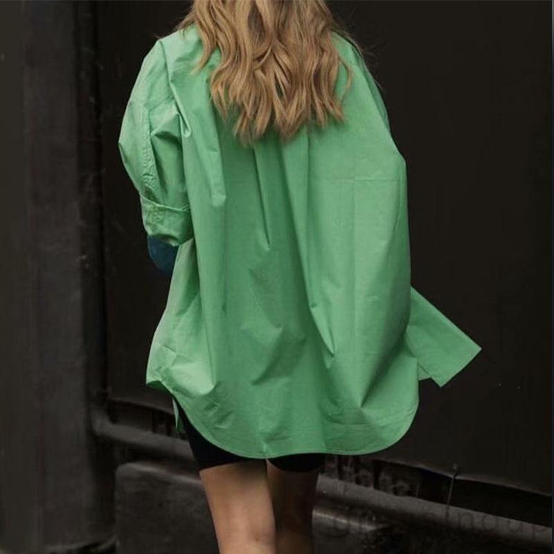 DRE-Women´s Long Sleeve Shirt, Solid Color Turn-Down Collar Button-Down Loose Fit Shirt