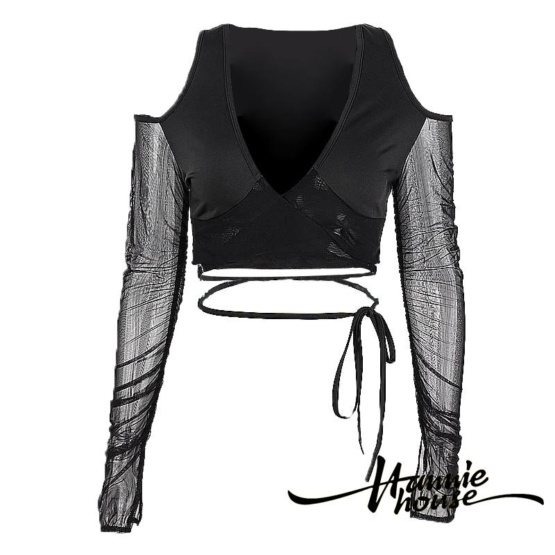 Áo Croptop Tay Dài Cổ Chữ V Màu Sắc Thanh Lịch Cho Nữ