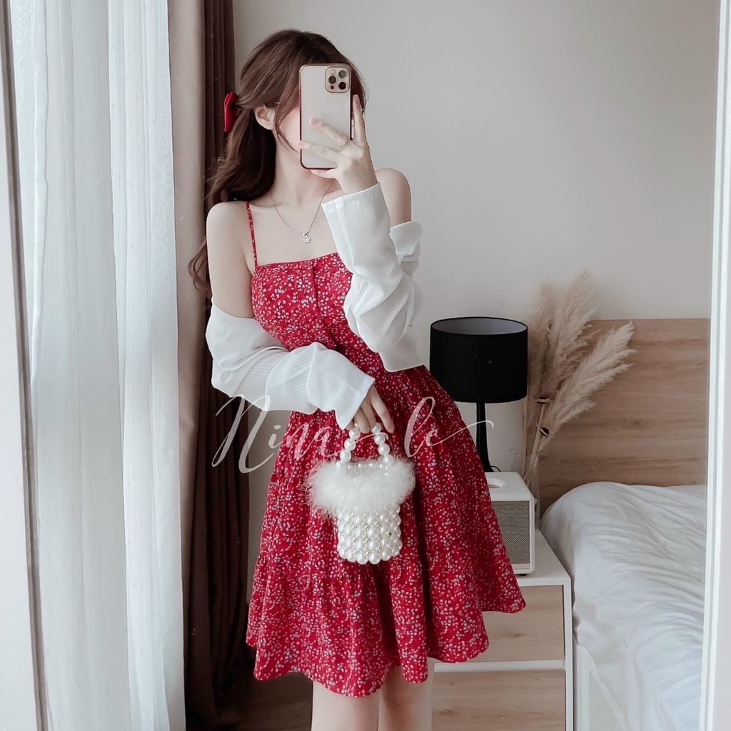 Set bộ đầm 2 dây in hoa dáng xòe ( có mút ngực ) kèm áo khoác trắng sang chảnh
