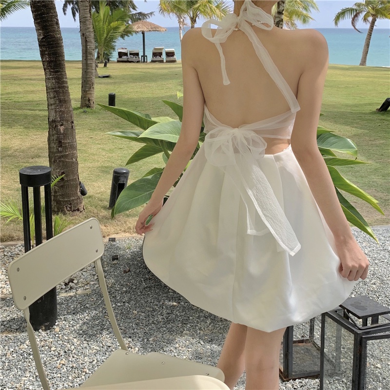 Đầm Mini Hai Dây Đính Nơ Thời Trang Mùa Hè Dành Cho Nữ