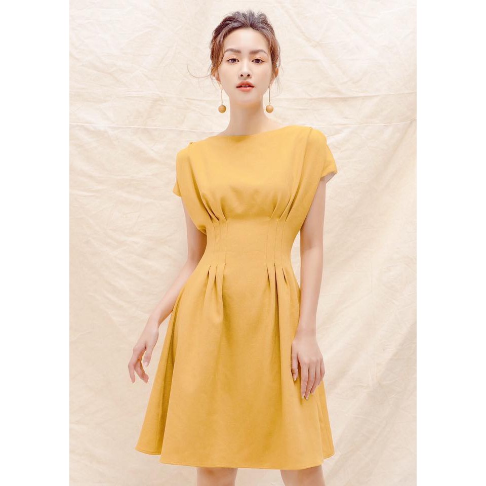 Đầm Nữ Vàng Xòe Chít Eo
