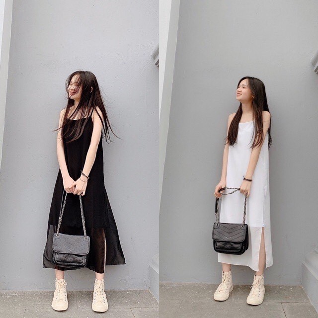 V005 - Váy hai dây suông xẻ chất voan có lót cute, đầm hai dây trơn dài qua gối tiểu thư bánh bèo nữ tính Ulzzang