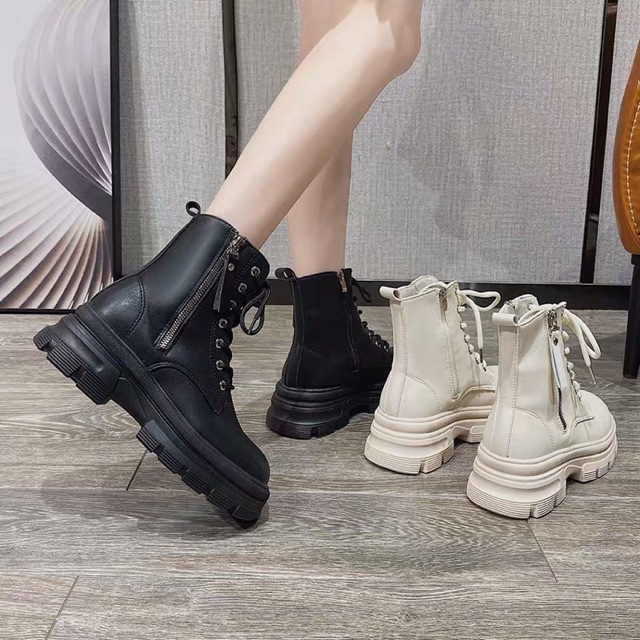 [Có Sẵn] Giày bốt Martin nữ cổ ngắn đan dây đế cao 5cm có khoá sườn | BigBuy360 - bigbuy360.vn