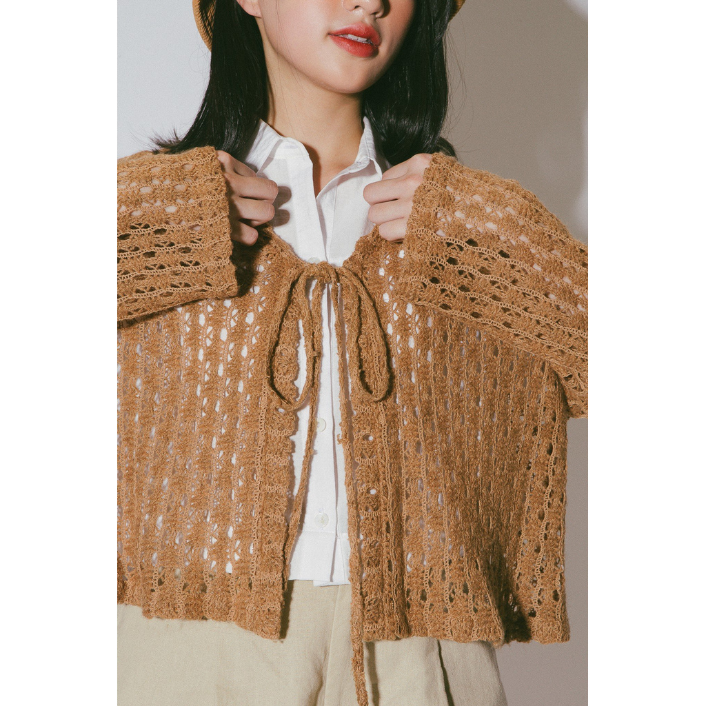 Áo khoác kèm dây thắt nơ làm bằng vải crochet màu nâu | BigBuy360 - bigbuy360.vn