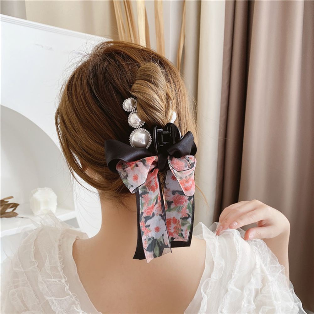 Kẹp bấu tóc đuôi ngựa hai lớp đính nơ và ngọc trai phong cách Hàn Quốc thanh lịch mới cho nữ