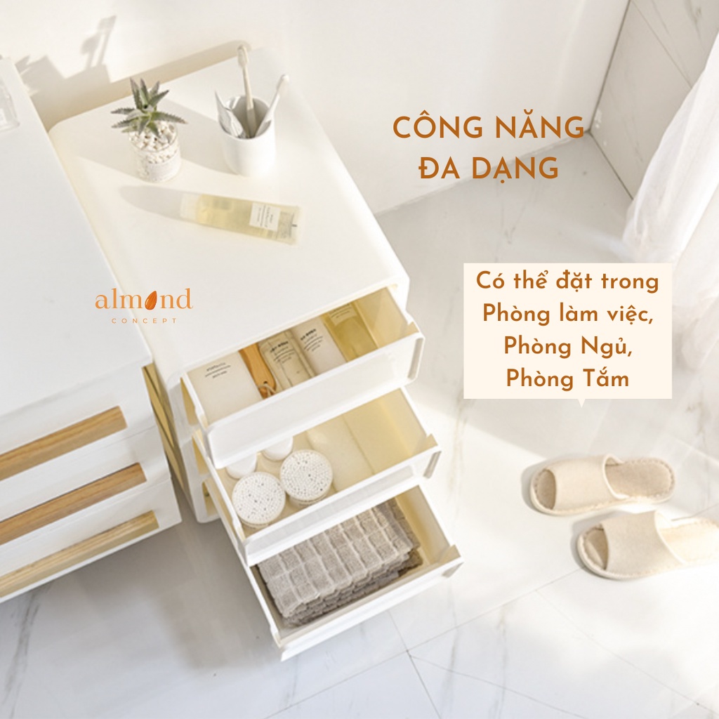 Tủ Nhựa ngăn Kéo 4 Tầng Màu Trắng Phong Cách Hàn Quốc Có Bánh Xe Tủ đầu giường, phòng khách, bàn làm việc almondconcept