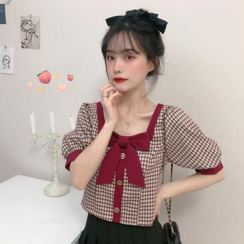 AMOI Áo Sơ Mi Ngắn Cổ Vuông Hở Vai Họa Tiết Sọc Caro Phong Cách Pháp Thời Trang 2022 Cho Nữ