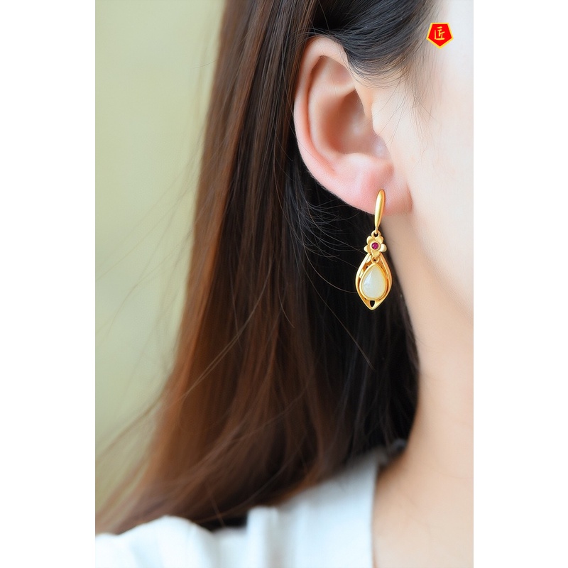 Bông Tai Ngọc Bích Màu Vàng Phong Cách Trung Hoa Cổ Điển Cho Nữ