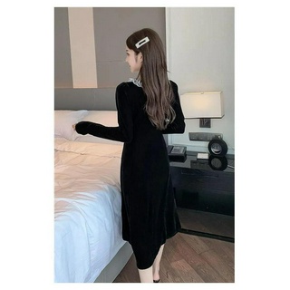 Đầm Nhung Đen Tay Dài Phối Ren