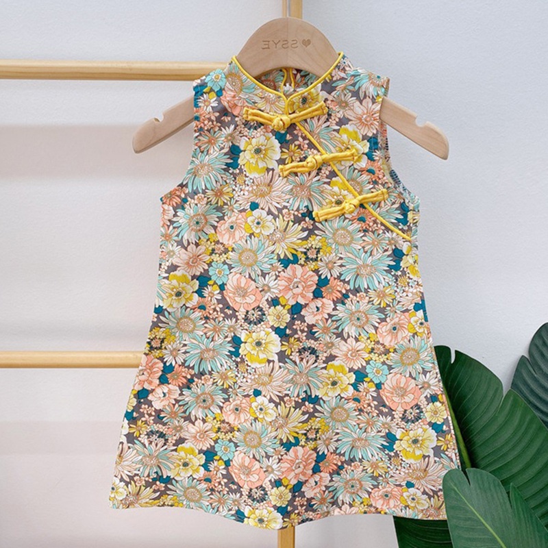 Đầm Sườn Xám In Hoa Cho Bé Gái 2-8 Tuổi