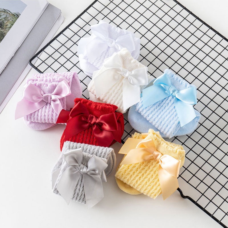 Vớ cotton mềm mại cao tới đầu gối phối lưới đính nơ dễ thương thoải mái cho bé sơ sinh tùy chọn màu sắc