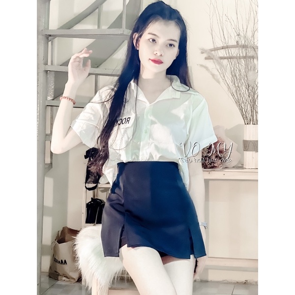 Set áo croptop sơmi phối chân váy