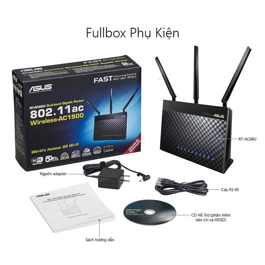 Bộ phát wifi Asus RT-AC68U Băng tần kép, Chuẩn AC1900 (Hàng chính Hãng)