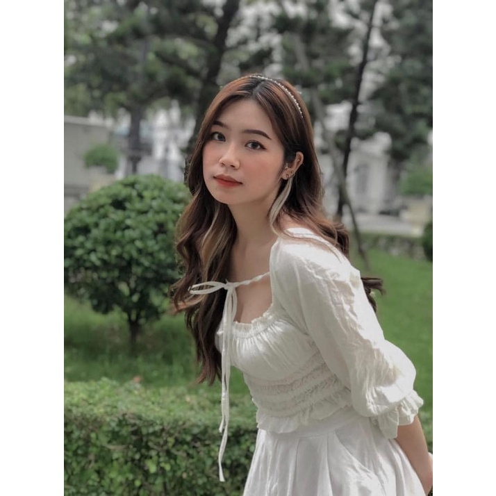 [Ảnh thật] Áo croptop chun thắt nơ ngực ulzzang