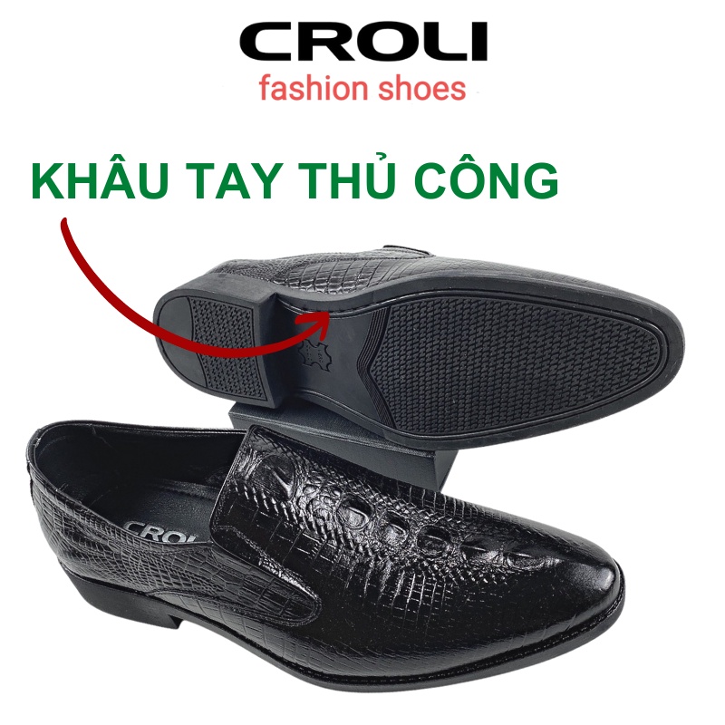 Giày tây nam công sở CROLI,Giày lười nam da bò cao cấp dập vân cá sấu GS01