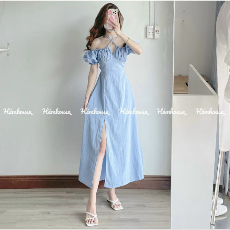 MAXI XANH RỚT VAI DÂY CỔ YẾM CUTOUT LƯNG BOCHUN