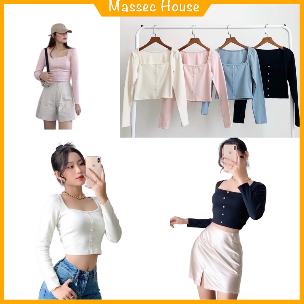 Áo Croptop Tay Dài Cổ Vuông MASSEC Áo Thun Gân Đính Ngọc GG2213