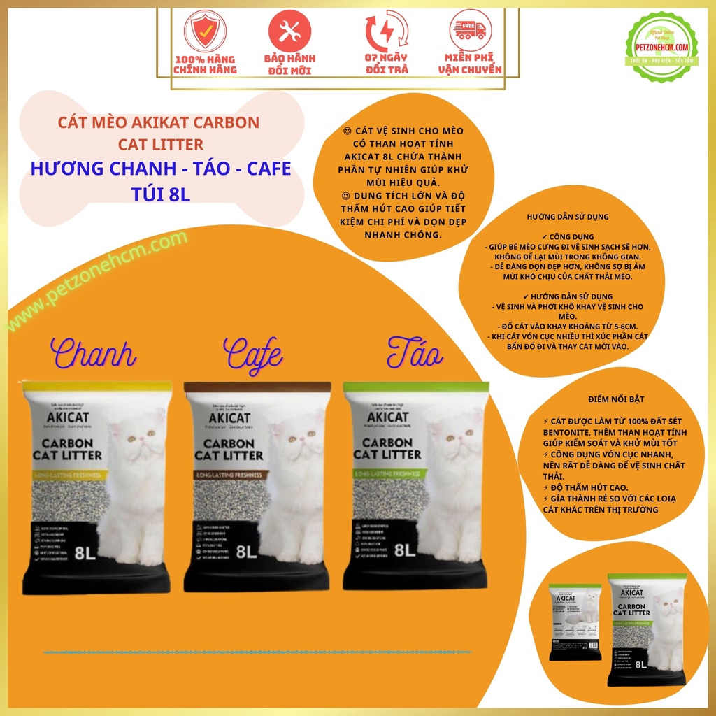 AKICAT 8L- Cát vệ sinh cho mèo có than hoạt tính túi 8 lít 3 mùi Cafe - Chanh - Táo - FreeShip - PetZoneHCM