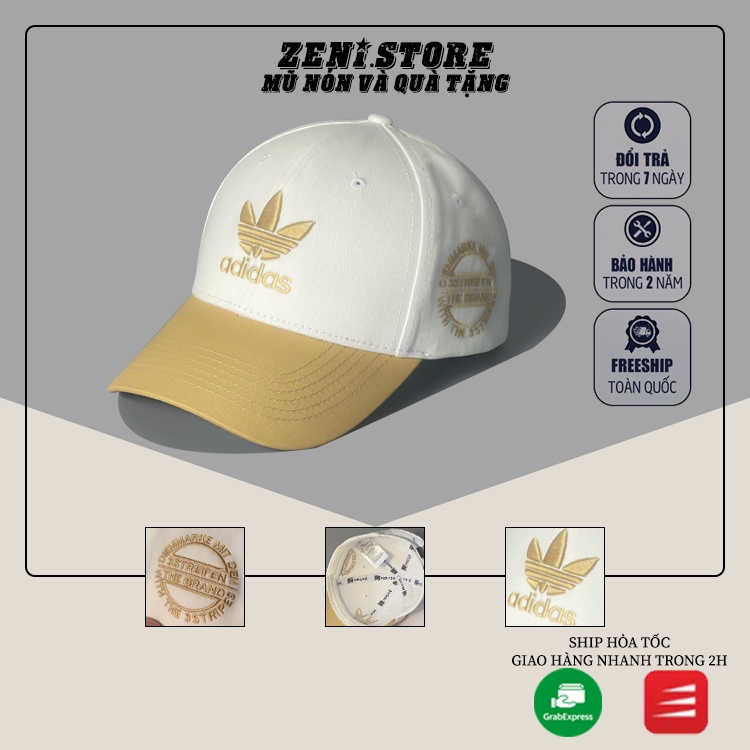 Mũ lưỡi trai, Nón kết xuất khẩu Zeni Store Adi.das trắng mix logo vàng thêu chữ nổi Siêu HOT Freeship, Full Hộp