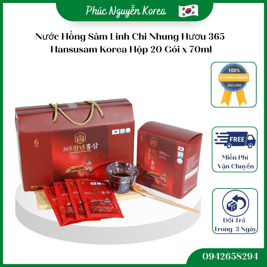 Nước Hồng Sâm Linh Chi Nhung Hươu 365 Hansusam Korea Hàn Quốc , Hộp 20 Gói x 70ml/ Gói.