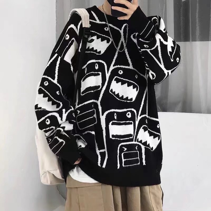 Áo sweater cổ tròn dáng rộng họa tiết hoạt hình phong cách nhật hàn thời trang cho nam