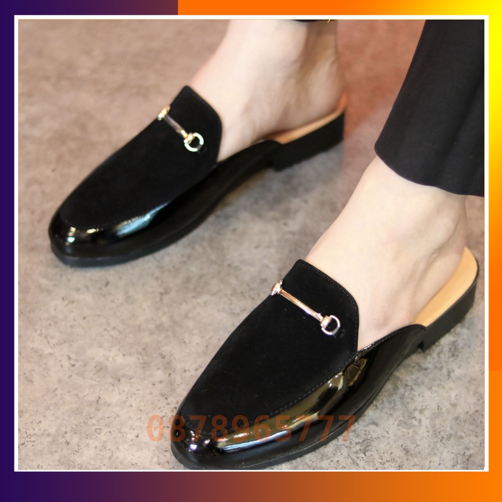 Giày Sục Nam Giá Rẻ Da Bóng Có Đai Vàng Kết Hợp Da Lộn Mã L194 Màu Đen | BigBuy360 - bigbuy360.vn