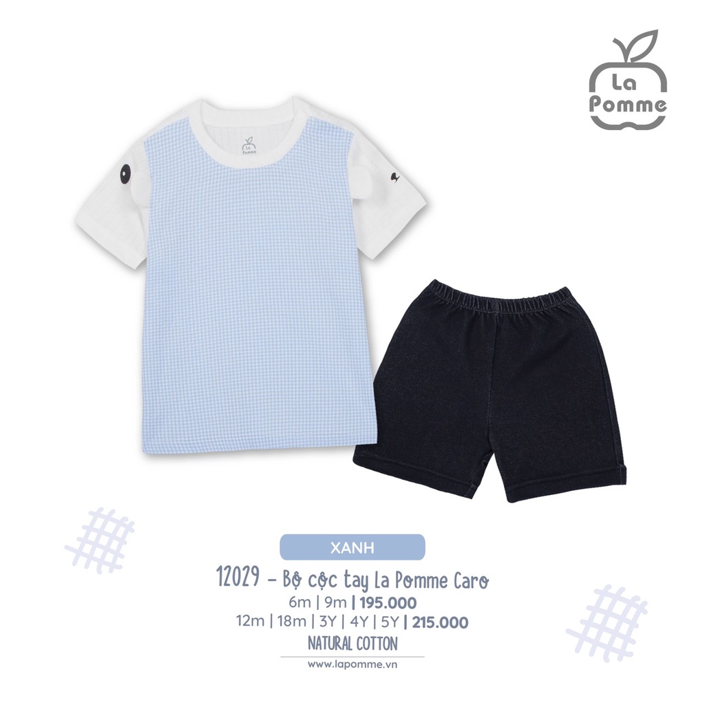Bộ cộc tay caro blue trẻ em mặt gấu in hai bên cánh tay dễ thương 12029 La Pomme