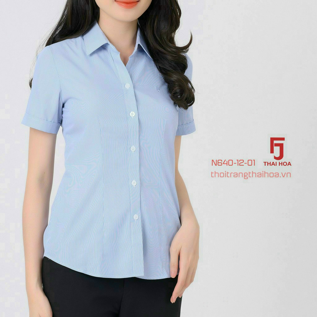 Áo Thái Hòa sọc xuôi màu xanh biển nhã nhặn 640