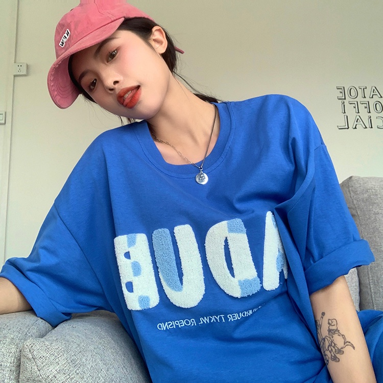 Porozi Áo thun  cổ tròn thêu chữ phong cách Hàn Quốc cho nữ