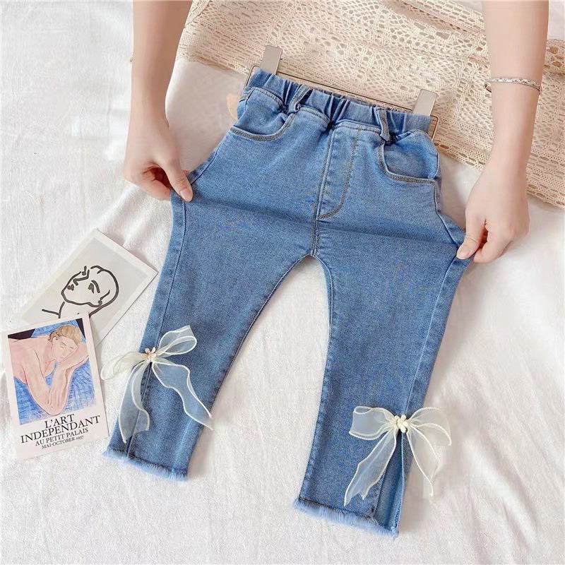 QUẦN JEANS BÉ GÁI XANH BẠC ĐÍNH NƠ REN HÀNG CHUẨN LOẠI 1