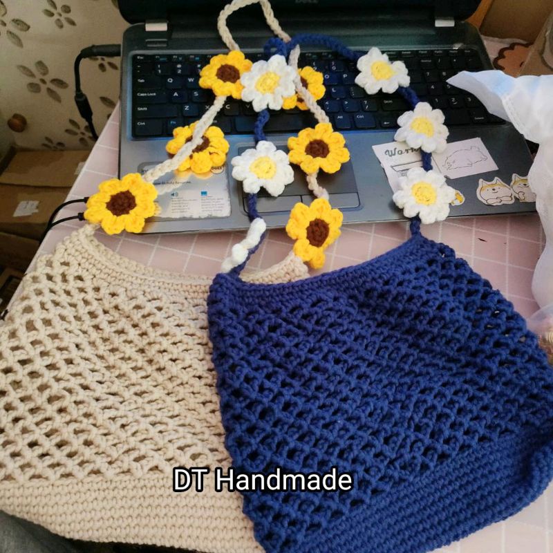 Túi đeo chéo Túi lưới len hoa cúc handmade Túi đeo chéo summer hoa cúc daisy handmade