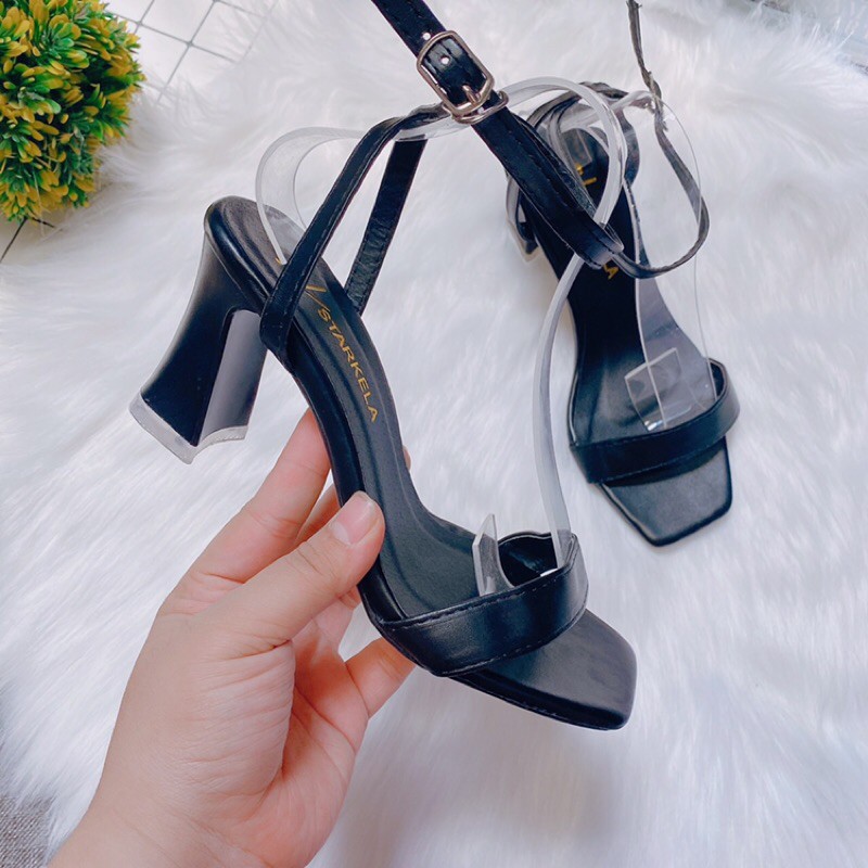 Giày sandal nữ quai ngang gót loe 7p da lì đi cực mềm không quá cao