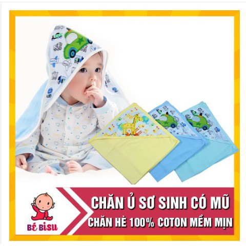 Chăn ủ cotton sơ sinh, ủ vuông có mũ chùm đầu cho bé dưới 8 tháng- HÀNG VIỆT NAM