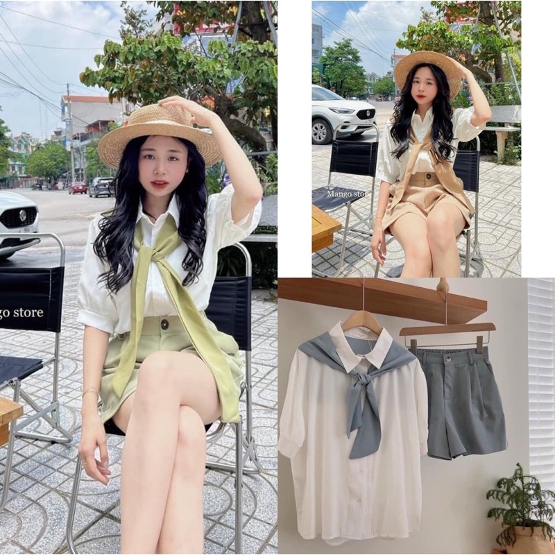 Áo sơ mi cách điệu buộc nơ cổ 3 màu Ulzzang